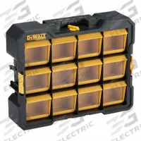 DEWALT Tool Box: 3 7/8 in W 17 3/4 in D 13 7/8 in H, Plastic, Black/Yellow, Keyed, 12 Compartments (MPN DWST14121). Key specifications — attr1116905: Yellow; attr1116946: DEWALT; attr1116904: Keyed.