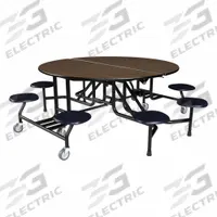 PALMER HAMILTON Cafeteria Table: Montana Walnut, Stool Seat, 29 in Overall Ht, 79 in Overall Lg (MPN 59T122960RD-S8-MTBN). Key specifications — Tabletop Structural Material: Industrial Grade High Pressure Laminate with Particleboard Core; Tabletop Surface Material: Laminate.