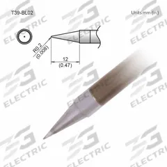 HAKKO Soldering Tip: T39 Series, Conical, 0.2 mm W, 12 mm Lg (MPN T39-BL02). Key specifications — Brand: HAKKO; Compatible Handpiece Manufacturer Model Number: FX-9701; Manufacturer Part Number: T39-BL02.
