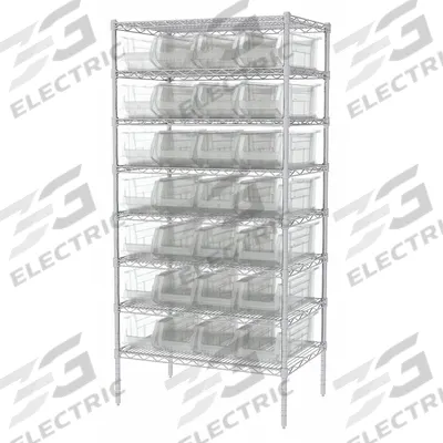AKRO-MILS Bin Shelving: 36 in x 24 in x 74 in, 1 Sided, 28 Bins, Open, Giant Hopper Bin - Wire Stationary Bin Shelving with Open-Front Bins