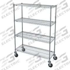 METRO Wire Shelving Unit: 48 in x 20 1/4 in x 67 1/2 in, Dry, Split Sleeve, 4 Shelves, Silver (MPN N356BBR). Key specifications — attr15738: Silver; attr15739: Donut Bumpers for Casters; attr14157: Chrome; attr14150: Dry; attr14159: Round; attr5304: 4; attr14155: (2) Swivel; attr14158: Steel.