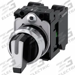 SIEMENS Selector Switch: 22 mm Panel Mounting Size, 3 Positions, Short Lever, 1NO (MPN 3SU11502BM603NA0). Key specifications — AC Contact Rating: 10 A @ 500 V; Action: Momentary/Momentary/Momentary; Cam: No Cam Included; DC Contact Rating: 5 A @ 500 V; Hazardous Location Specification: Not Rated; Operator Head Material: Plastic; Operator Head Type: Short-Handled Knob; Operator Illumination: Illuminated.