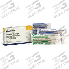 FIRST AID ONLY Adhesive Bandage: Bandage Assortment, 1 in Wd, 3 in Lg, Not Metal Detectable, Fabric (MPN 750014). Key specifications — Product Type: Bandage Assortment; Unitized: Unitized; Water Resistance: Not Water Resistant; Brand: FIRST AID ONLY; Latex Content: Latex Free; Metal Detectable: Not Metal Detectable; Package Type: Box; Manufacturer Part Number: 750014.