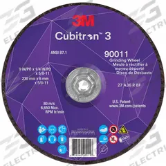 3M CUBITRON 3 Depressed Center Grinding Wheel: Type 27, 9" x 1/4" x 5/8"-11, Ceramic, 36 Grit (MPN 90011). Key specifications — Brand: 3M CUBITRON 3.