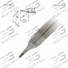 HAKKO Soldering Tip: T39 Series, Bevel, 2 mm W, 10.5 mm Lg (MPN T39-C1020). Key specifications — Brand: HAKKO; Compatible Handpiece Manufacturer Model Number: FX-9701; Manufacturer Part Number: T39-C1020.