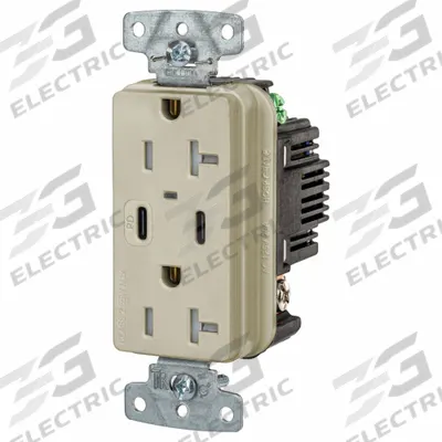 HUBBELL Receptacle: Duplex, 5-20R, 2 USB Ports, USB Type A/C, Ivory, 125V AC - Weather-Resistant Receptacles with USB Chargers