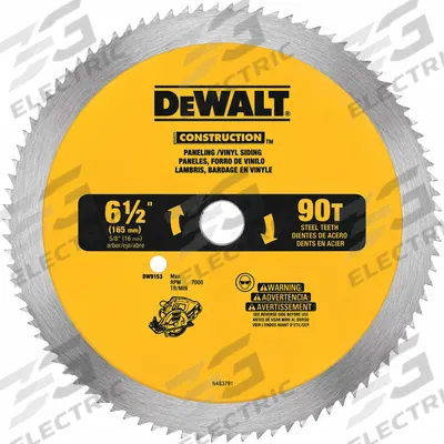DEWALT Circular Saw Blade: 6 1/2 in Blade Dia., 90 Teeth, 0.09 in Cut Wd, 5/8 in Arbor Size - Plastic & Composite-Cutting Blades