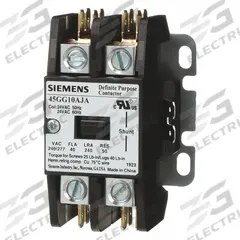 SIEMENS Definite Purpose Magnetic Contactor: 1 + N Poles, 480V AC, 40 A, Non-Reversing (MPN 45GG10AHA). Key specifications — Brand: SIEMENS; Coil Voltage: 380-440/440-480V AC; Contactor Style: HVACR Definite Purpose Contactor; Mounting Style: Surface; Terminal Connection Type: Screw Terminals; Maximum Voltage Rating: 600V AC; Series: 42 Series; Phase: Three.