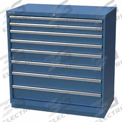 LISTA Modular Drawer Cabinet: 40 1/4 in x 22 1/2 in x 41 3/4 in, 8 Drawers, 144 Compartments, Steel (MPN HS09-0807A-FTKABB). Key specifications — Drawer Inside Height: (2) 2 in; Drawer Access: Single; Base Type: Frame; Number of Compartments per Drawer: (2) 21; Brand: LISTA; Cabinet Color: Bright Blue.