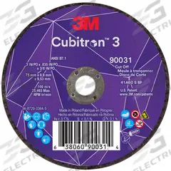 3M CUBITRON 3 Abrasive Cut-Off Wheel: Type 1, 3" x 0.035" x 3/8", Ceramic, 60 Grit (MPN 90031). Key specifications — Brand: 3M CUBITRON 3.