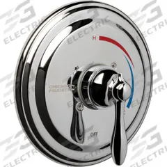 CHICAGO FAUCETS Tub and Shower Valve Trim: Circle Trim Plate, Brass, Polished Chrome Finish (MPN SH-TK1-00-000). Key specifications — Compatible Product Type: Thermostatic/Pressure Balancing Tub and Shower Fitting; Brand: CHICAGO FAUCETS; Trim Plate Material: Brass; Product Type: Trim Kit; Trim Plate Shape: Circle; Trim Finish/Color: Chrome.