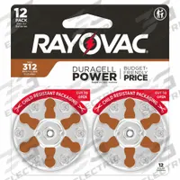 RAYOVAC Hearing Aid Batteries: 312 Battery Size, Zinc Air, 185 mAh Capacity, 1.4V DC, 0.314 in Dia (MPN 312CR-12ROVUS). Key specifications — Voltage - Batteries: 1.4V DC; Battery Chemistry: Zinc Air; Product Type: Hearing Aid Batteries; Battery Size: 312; Brand: RAYOVAC; Voltage - Subhead: 1.4V DC Hearing Aid Battery.
