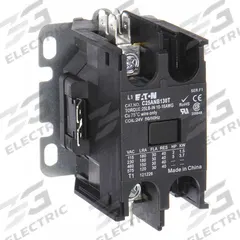 EATON Definite Purpose Magnetic Contactor: 1 Poles, 208-240V AC, 25 A, Non-Reversing (MPN C25ANB125B). Key specifications — Brand: EATON; Coil Voltage: 208-240V AC; Contactor Style: HVACR Definite Purpose Contactor; Frame Size: A; Terminal Connection Type: Quick-Disconnect Terminals; Maximum Voltage Rating: 690V AC; Series: C25 Series; Phase: Single.