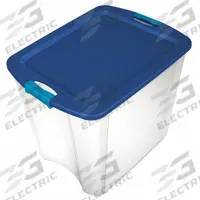 STERILITE Storage Tote: 26 gal, 23 5/8 in x 18 5/8 in x 20 1/8 in, Clear Body, Blue Lid, Blue, Clear (MPN 14489604). Key specifications — attr1188666: Plastic; attr1188675: Clear; attr1188676: Blue; attr1188687: STERILITE.