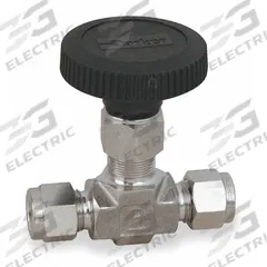 PARKER Needle Valve: Inline Valve Body, 316 Stainless Steel, Integral Bonnet, 3/8 in Pipe Size, PTFE (MPN 6A-V6LN-SS). Key specifications — For Media: Chemicals; Standards: ISA S75.02; Brand: PARKER; Valve Series: V; Stem Type: Regulating; Connection Type - Side 1: Compression; Connection Type - Side 2: Compression; Connection Type: Compression x Compression.