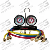 PRO-SET Refrigerant Manifold Set: 2 Valves, 3 Hoses, Series Working Man, 3 1/8 in Gauge (MPN MT2A7P5A). Key specifications — Product Type: Manifold Gauge Set; For Refrigerant Type: R-410A; Brand: PRO-SET; Gauge Boots: Yes; Sight Glass: No.