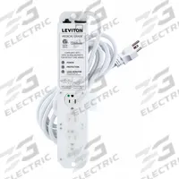 LEVITON Outlet Strip: 4 Outlets, 15 ft Cord Lg, 644 J Rated Energy, 15 A Current, White, 5-15P (MPN 53C4M-1S5). Key specifications — Brand: LEVITON; Mounting Style: Screw.
