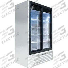 BEVERAGE-AIR Refrigerated Merchandiser: 78 3/8 in x 47 1/8 in x 29 1/4 in, White, Sliding, 2 Doors (MPN MT49-1-SDW). Key specifications — attr1277723: BEVERAGE-AIR; attr1277683: R-290; attr1277688: Sliding; attr1277691: Yes; attr1277694: White; attr1280729: Marketeer.