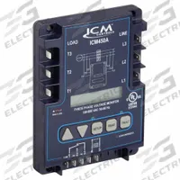 Line Voltage Monitor: Three Phase, Monitors Line Volt, SPDT - NO/NC, LCD, 18V AC / 240V AC (MPN ICM450A). Key specifications — Manufacturer Part Number: ICM450A; Brand: ICM; Display Type: LCD; Percentage Volts Unbalance: 2 to 20%, Adj.; Contact Form - Action: SPDT - NO/NC.