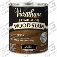 VARATHANE Wood Stain: Wood Stain, Interior, Oil, 1 qt Container Size, Wood, Flat, Dark Walnut, Clear (MPN 211730H). Key specifications — Brand: VARATHANE; Transparency: Clear; Use Location: Interior; Sheen: Flat; Sub-Brand: Premium; Color: Dark Walnut.