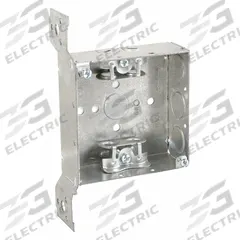 RACO Electrical Box: Steel, Steel - 4" x 4" Square Box Material & Nominal Size, Square, 2 Gangs, FS (MPN 218). Key specifications — Brand: RACO; Bracket Style: Stud Side, Raised w/Spurs; Clamp Style: AC.