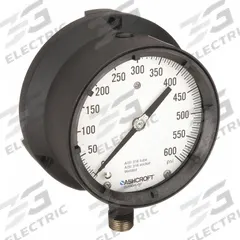 ASHCROFT Process Pressure Gauge: 0 psi to 600 psi, White, 4 1/2 in Dial, 1/2 in NPT Male, Bottom, 4X (MPN 451379SSL04L600#). Key specifications — Brand: ASHCROFT; Pointer Color: Black; Accuracy: ±0.5%; Dial Color: White; Gauge Wetted Parts: Stainless Steel; Case Material: Epoxy-Coated Aluminum; Vibration Resistance Properties: Liquid-Filled; Pressure Range: 0 psi to 600 psi.