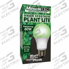 LED Grow Bulb: LED, A19, 120V, Green, 60 W Incandescent Watt Equivalency (MPN 601822). Key specifications — attr1259935: MIRACLE LED; attr1259941: A19; attr1259954: Green.