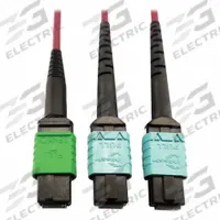 EATON TRIPP LITE Fiber Cable: (1) 16F MPO/APC Female (Green) x (2) 12F MPO/UPC Female (Aqua), Plenum (MPN N846D-01M-16DMG). Key specifications — Fire Rating: Plenum; Jacket Material: PVC; Number of Fibers: Duplex; Fiber Type: OM4; Polarity: Method B; Brand: EATON TRIPP LITE; End 1 Connection Gender: Female; End 2 Connection Gender: Female.