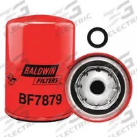 BALDWIN FILTERS Fuel Filter: Spin-On, 3 11/16 in Outside Dia, 13/16"-18 Thread Size, Cellulose (MPN BF7879). Key specifications — attr1137520: BF7879; attr434022: BALDWIN FILTERS; attr427730: Cellulose; attr427731: G401 Integral Gasket; attr1017112: Buses; attr1017113: Cummins.