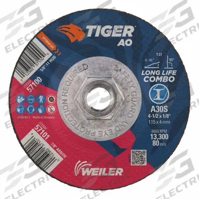 WEILER Abrasive Grinding Wheel: Type 27, 4 1/2" x 1/8" x 5/8"-11, Aluminum Oxide - General Purpose Combination Wheels for Carbon & Stainless Steel