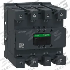 SCHNEIDER ELECTRIC IEC Contactor: Non-Reversing, 4 Poles, 4NO Contacts, 200 A, 120V AC/48V AC Coil (MPN LC1DT200AEHE). Key specifications — Brand: SCHNEIDER; Integrated Surge Suppression: Yes; Nominal Coil Voltage @ 60Hz: 48V AC.