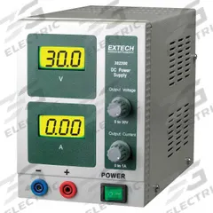 EXTECH DC Power Supply: Digital DC, 4.25 in H x 9.4 in W x 6 in D, 2 Displays, Not Certified, LCD (MPN 382200). Key specifications — Line Regulation Current: Less Than 0.2% + 3 mA; Load Regulation Voltage: Less Than 0.01% + 2 mV; Calibration Certificate Type: Not Certified; Manufacturer Part Number: 382200; Brand: EXTECH; Includes: AC Power Cord; Line Regulation Voltage: Less Than 0.01% + 3mV; Load Regulation Current: Less Than 0.2% + 3mA.
