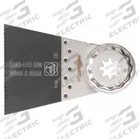 FEIN Oscillating Tool Blade: 2 9/16 in Blade Wd, 3 13/16 in Overall Lg, Log Cutting, Bi-Metal (MPN 63502161260). Key specifications — attr1097473: Plastic; attr1097476: FEIN; attr1097456: Log Cutting.