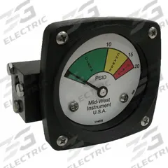 MIDWEST INSTRUMENT 3-Color Differential Pressure Indicator: 1,000 psig Max. Static Pressure, 522 (MPN 522A-020V). Key specifications — Brand: MIDWEST INSTRUMENT; Accuracy: ±5% of Full Scale; Sensor Material: Viton; Housing Material: Aluminum; Transition Points: 0 psid to 10 psid (Green) / 10 psid to 15 psid (Yellow) / 15 psid to 20 psid (Red).