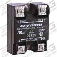 CRYDOM Solid State Relay: Surface Mounted, 25 A Max Output Current, SCR, AC Output (MPN D2425-B). Key specifications — Brand: CRYDOM; Current Type: AC; Electrical Connection: Screw Clamp; Finger Safe: No; Input Current: 12 mA; Maximum Output Current without Heat Sink: 16 A; Mounting Style: Panel; Output Voltage: 24 to 280V AC.