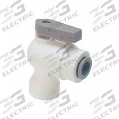 PARKER Manual Two-Way Ball Valve: 1/8 in, Polypropylene, Angle, Push x FNPT, One-Piece, Lever (MPN LFPP6VFE2). Key specifications — Brand: PARKER; Handle: Lever.