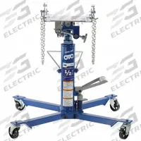OTC Transmission Jack: Transmission Jack, Hydraulic, 0.5 ton Load Capacity, Steel, Manual Handle (MPN TJH10). Key specifications — Jack Type: Transmission Jack; Frame Material: Steel; Lifting Actuator: Manual Handle; Power Source: Hydraulic; Securing Mechanism: Chain; Brand: OTC.