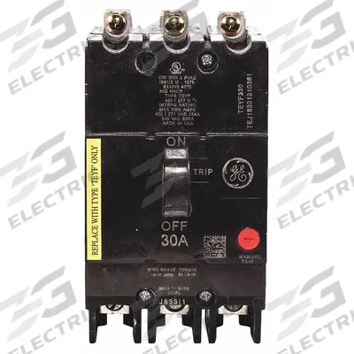 GE Molded Case Circuit Breaker: 30 A Amps, 18kA at 277/480V AC, Fixed, Lug - TEY-Frame GE Molded Case Circuit Breakers