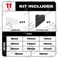 MILWAUKEE Combination Wrench Set: Alloy Steel, Chrome, 11 Tools, 8 mm to 22 mm Range of Head Sizes (MPN 48-22-9511). Key specifications — attr309520: Chrome; attr309519: Alloy Steel; attr324929: MILWAUKEE; attr309512: Storage Tray; attr309522: No; attr309533: Yes.