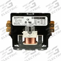 SQUARE D Definite Purpose Magnetic Contactor: 1 Poles, 208-240V AC, 30 A, Non-Reversing (MPN 8910DP31V09). Key specifications — Brand: SQUARE D; Coil Voltage: 220/208-240V AC; Contactor Style: HVACR Definite Purpose Contactor; Terminal Connection Type: Quick-Disconnect Terminals; Maximum Voltage Rating: 600V AC; Series: 8910 Series Type DP; Phase: Single; Main Pole Contact Form: 1NO.