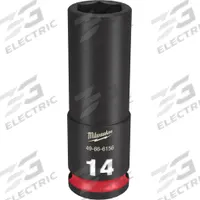 MILWAUKEE Deep Impact Socket: 3/8 in Drive Size, Metric, 14 mm Socket Size, 6-Point, Deep, Friction (MPN 49-66-6156). Key specifications — attr1215501: MILWAUKEE; attr1215515: Black Phosphate; attr1215518: 14 mm.