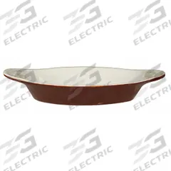 ITI Rarebit: 8 oz Capacity, 1 1/4 in Overall Dp, 4 1/8 in Overall Wd, 8 1/2 in Overall Lg, Oven Safe (MPN WRO-8-B). Key specifications — Material: Vitrified Stoneware; Brand: ITI; Color: American White/Brown.