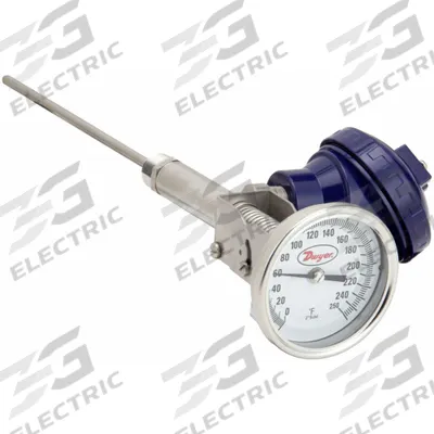 Dwyer Dial Thermometer With Process Output: 0°F to 250°F, +/- 1% Accuracy, 12 in Stem Lg - Thread-Mount Transmitting Dial Thermometers
