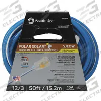 SOUTHWIRE Extension Cord: Outdoor Use, 50 ft Lg, Outlet, 5-15P, 12/3, SJEOW, Blue/White, 125V AC (MPN 1638SW0061). Key specifications — Brand: SOUTHWIRE; Temperature Rating: -94° to 221°F; NEMA Plug Configuration: 5-15P.