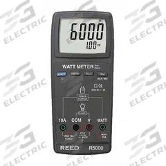 REED INSTRUMENTS Watt Meter: 600 V Max AC Volt Measured, For Single Phase, CAT III 600V, Digital (MPN R5000). Key specifications — Brand: REED INSTRUMENTS; CAT Safety Rating: CAT III 600V.