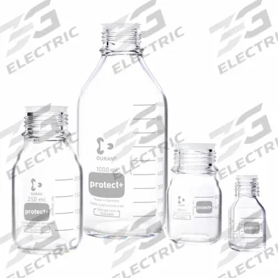 DURAN Narrow Mouth Round Glass Bottles - Safety Coated: 50 mL, 32 mm, Colorless - Safety Coated Wide Mouth Round Glass Lab Bottles