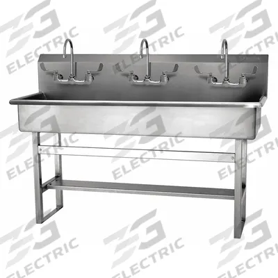 SANI-LAV Wash Station: 45 in Overall Ht, 57 in Bowl Lg, 8 in Bowl Dp, 0.5 gpm Flow Rate - Three-Station Freestanding Wash Stations with Faucets