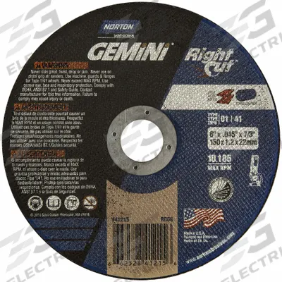 NORTON Cut-Off Wheel: Type 1, 6" x 0.045" x 7/8", Aluminum Oxide, 36 Grit - General Purpose Cut-Off Wheels for Carbon & Stainless Steel