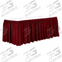 R&R TEXTILE Table Skirt: Red, 17 1/2 ft Overall Lg, Poly, Shirred, Hook-and-Loop, 29 in Overall Ht (MPN EE-Pshirred-17.5FTx29in-Red). Key specifications — Attachment Type: Hook-and-Loop; Material: Poly; Pleat Type: Shirred; Brand: R&R TEXTILE.