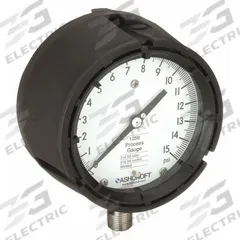 ASHCROFT Process Pressure Gauge: 0 psi to 15 psi, White, 4 1/2 in Dial, 1/2 in NPT Male, Bottom, PBT (MPN 451259SD04YLXCY15). Key specifications — Brand: ASHCROFT; Pointer Color: Black; Accuracy: ±0.5%; Dial Color: White; Gauge Wetted Parts: Stainless Steel; Case Material: PBT; Vibration Resistance Properties: None; Pressure Range: 0 psi to 15 psi.